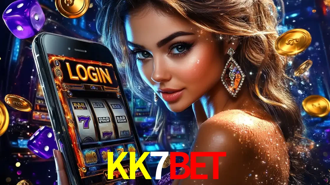 Mulher glamorosa segurando um smartphone com a tela de login para os jogos de caça-níqueis do cassino online KK7BET, com moedas de ouro e dados ao redor.
