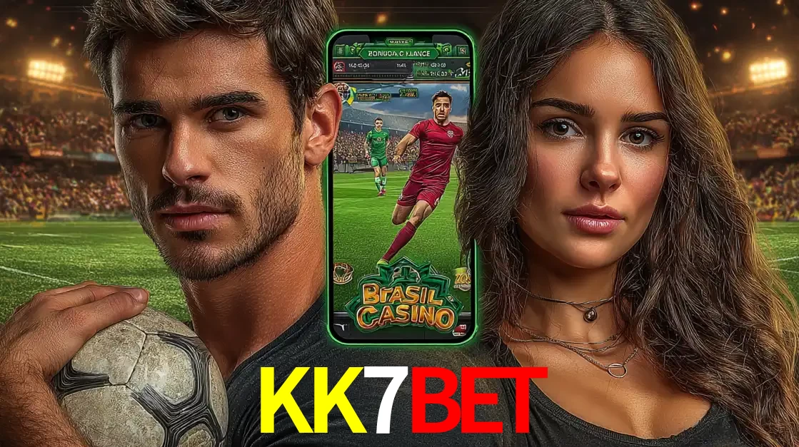 Homem segurando uma bola de futebol e uma mulher ao lado de um smartphone exibindo o jogo de apostas esportivas da KK7BET. Faça seu palpite no cassino online.